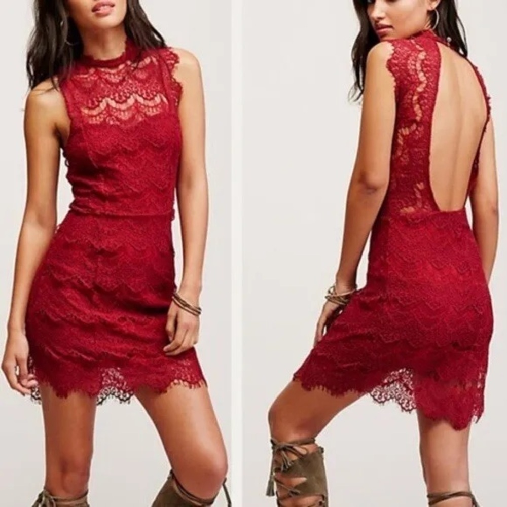 Free People Daydream Bodycon Lace Cherry Red Mockneck Open Back Mini Dress NWT M